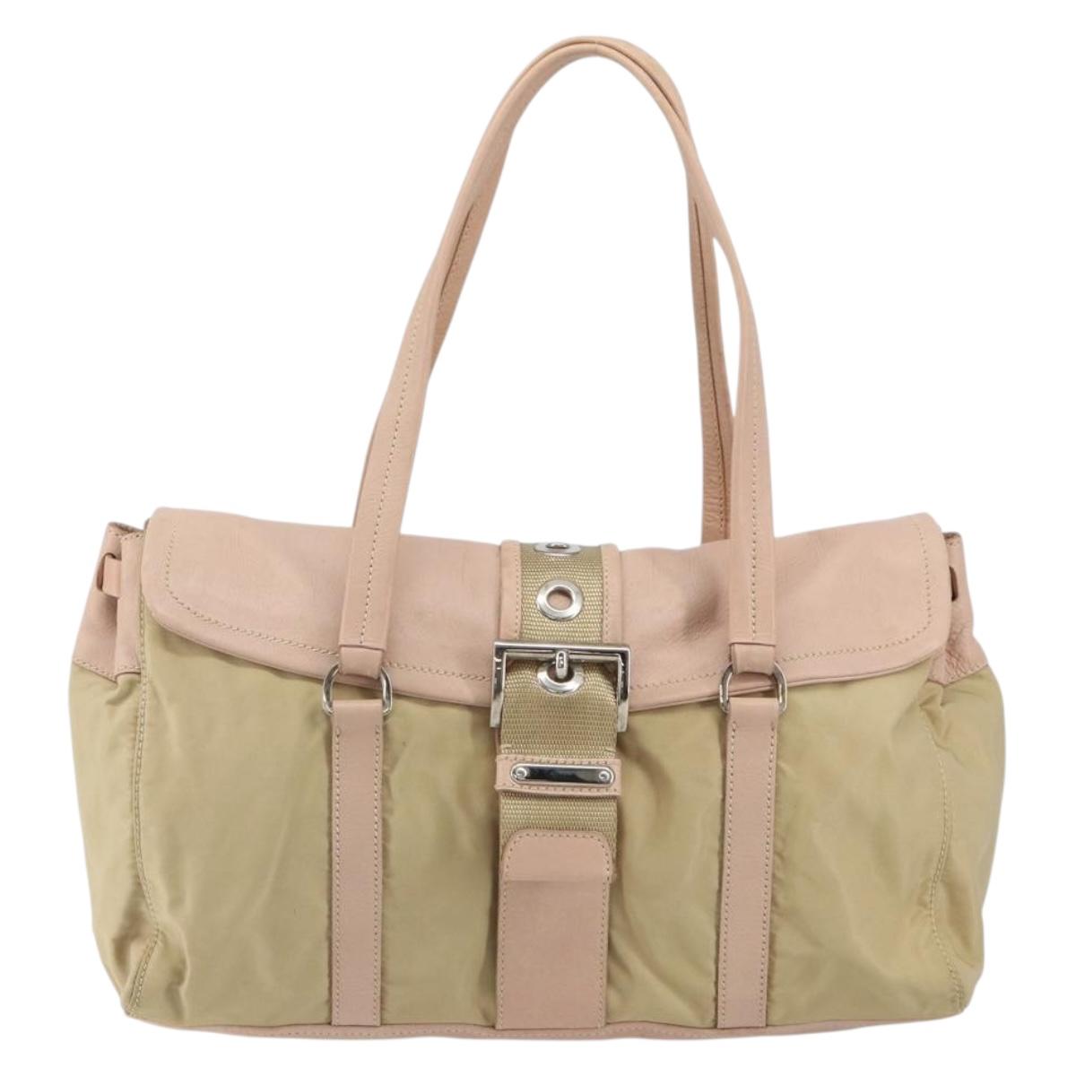 PRADA Tote Bag Nylon Leather Beige Silver Auth ep12684