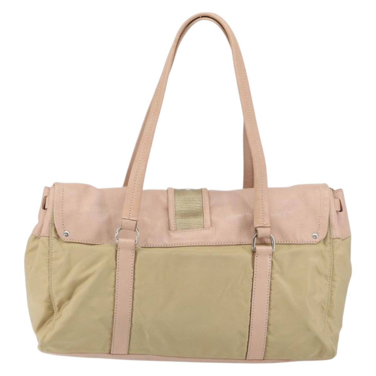 PRADA Tote Bag Nylon Leather Beige Silver Auth ep12684