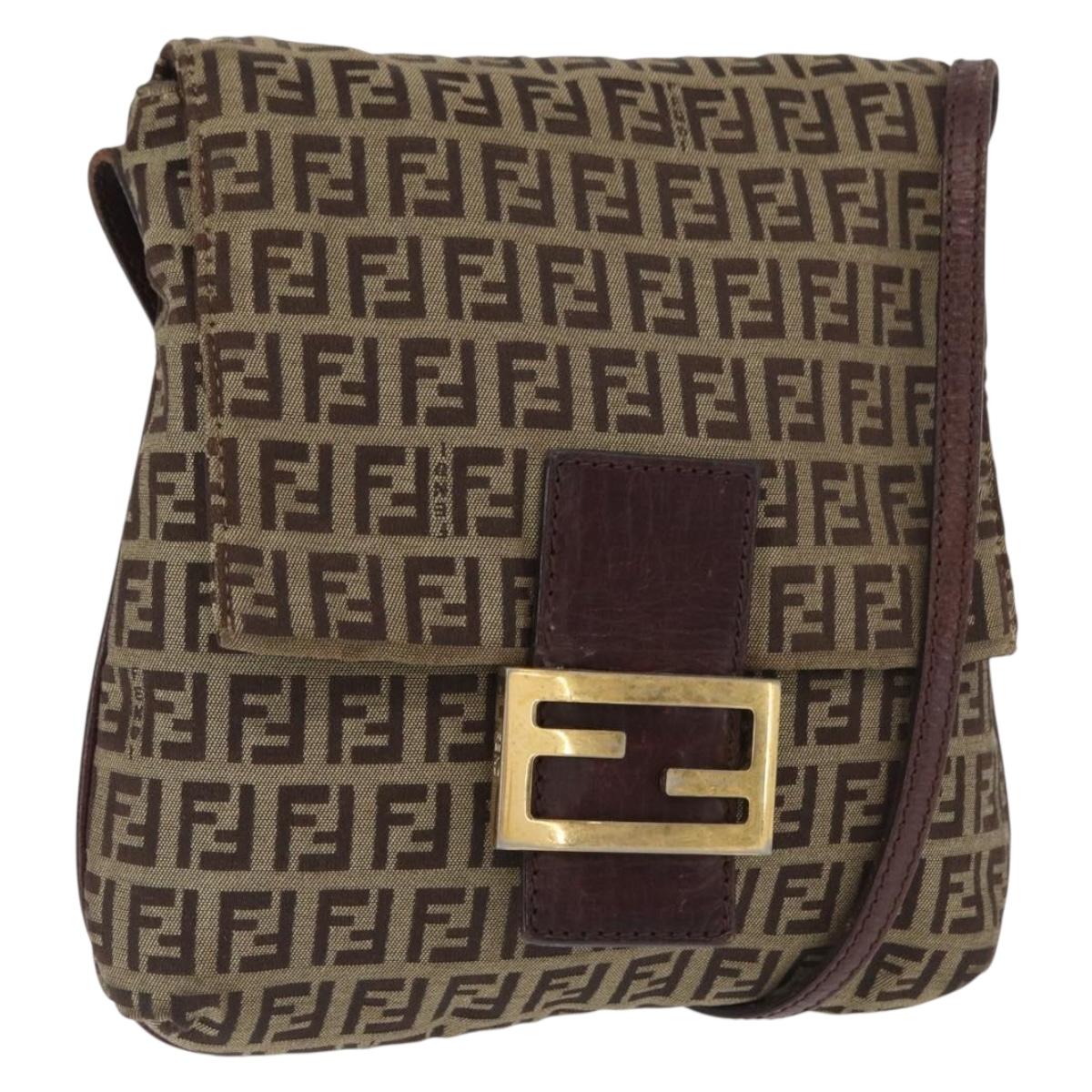FENDI Zucchino Canvas Shoulder Bag Brown Gold Auth ep12713