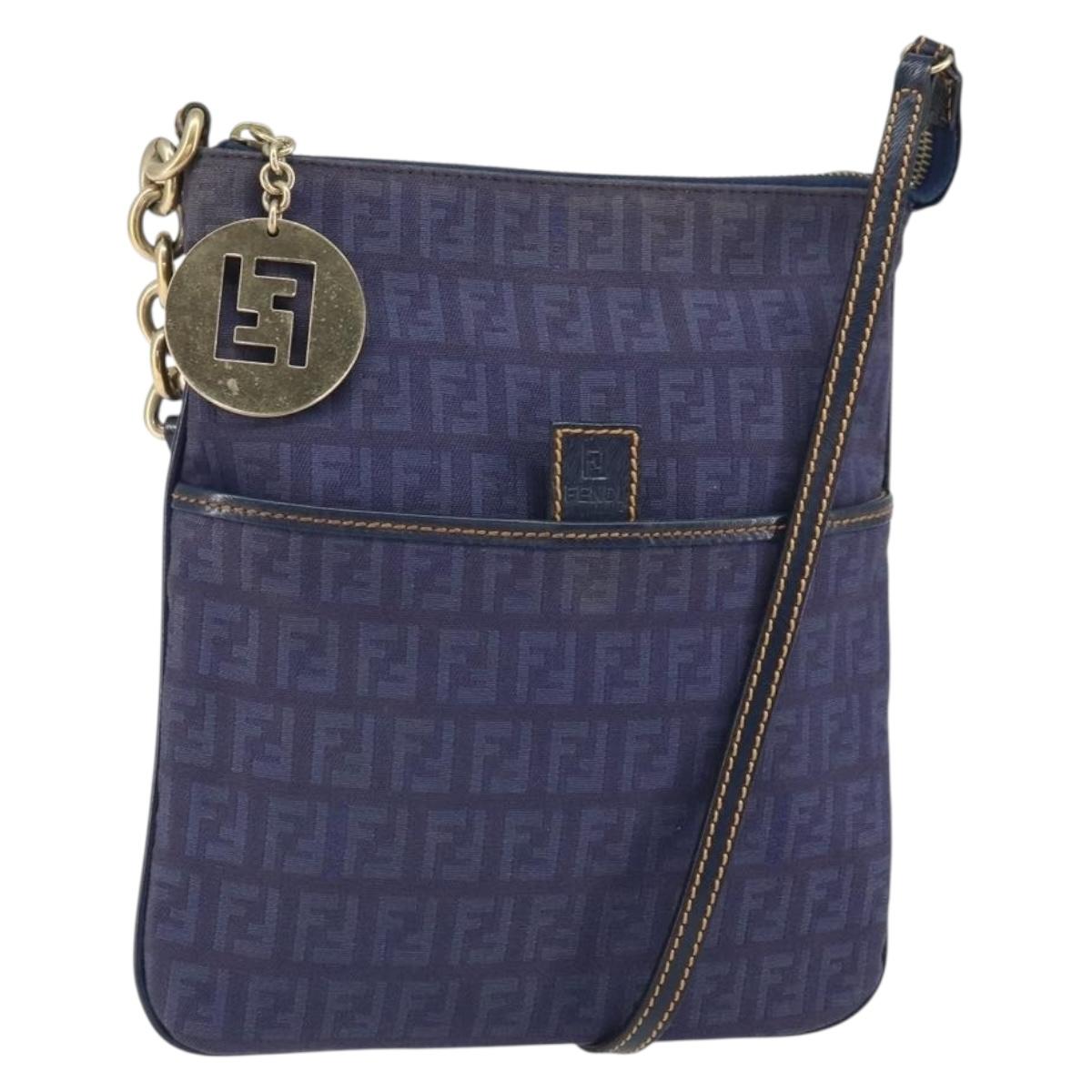 FENDI Zucchino Canvas Shoulder Bag Navy Gold Auth ep12761