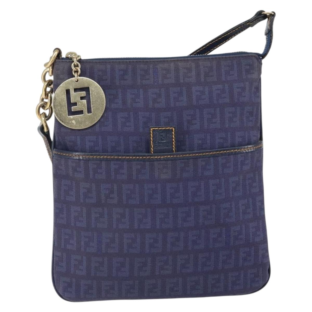 FENDI Zucchino Canvas Shoulder Bag Navy Gold Auth ep12761