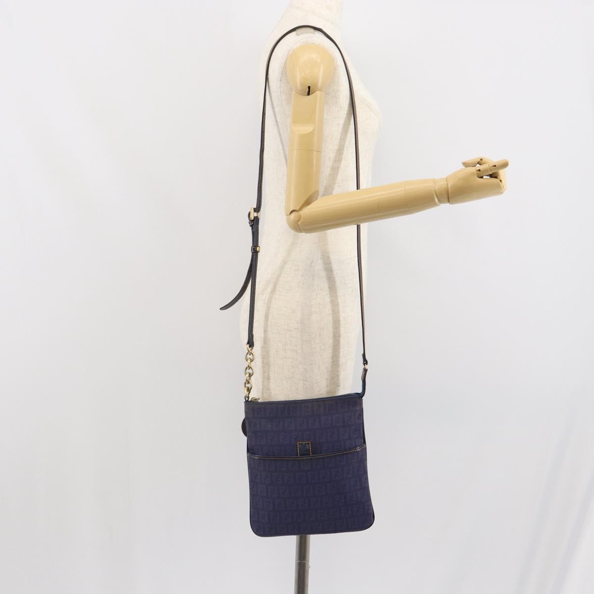 FENDI Zucchino Canvas Shoulder Bag Navy Gold Auth ep12761