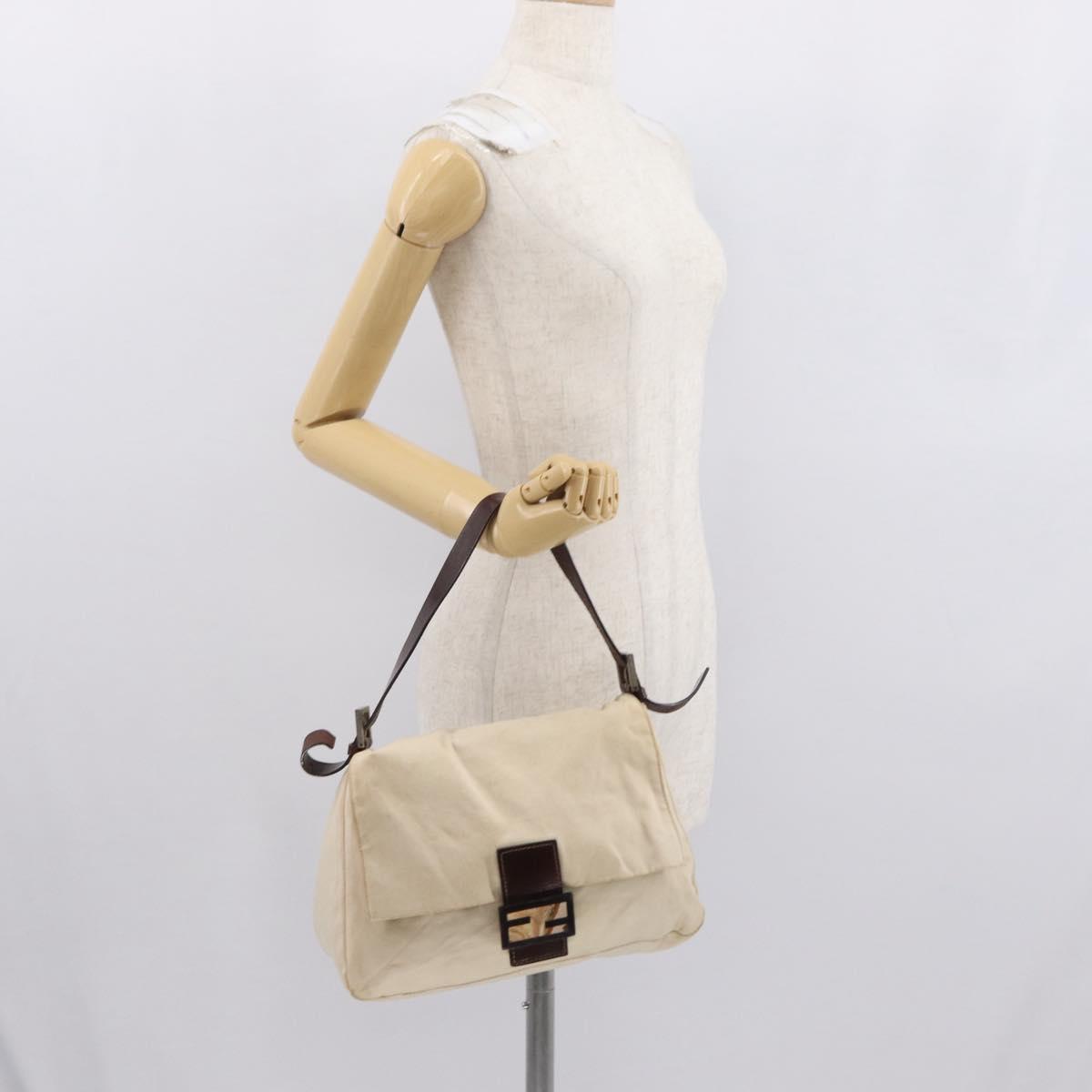 FENDI Hand Bag Canvas Beige Silver Auth ep12789