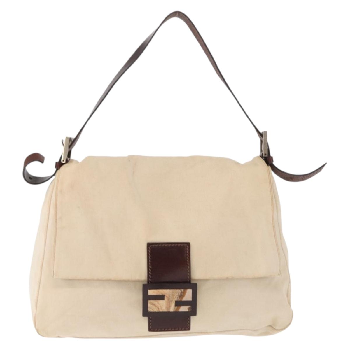 FENDI Hand Bag Canvas Beige Silver Auth ep12789