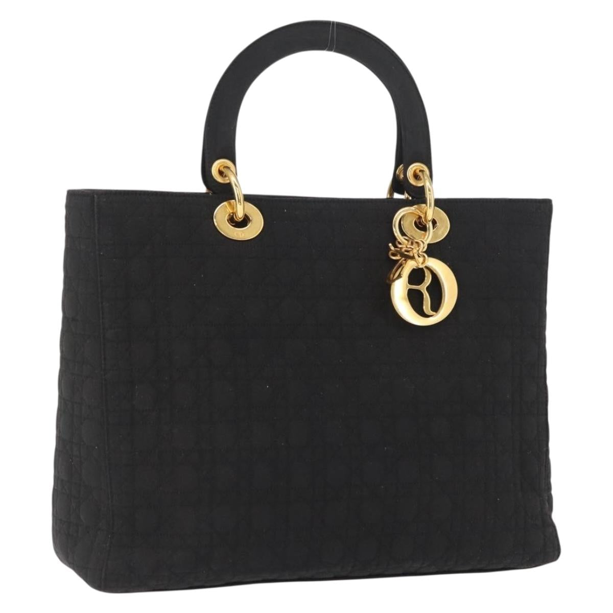 Christian Dior Lady Dior Canage Hand Bag Nylon Black Gold Auth ep12805
