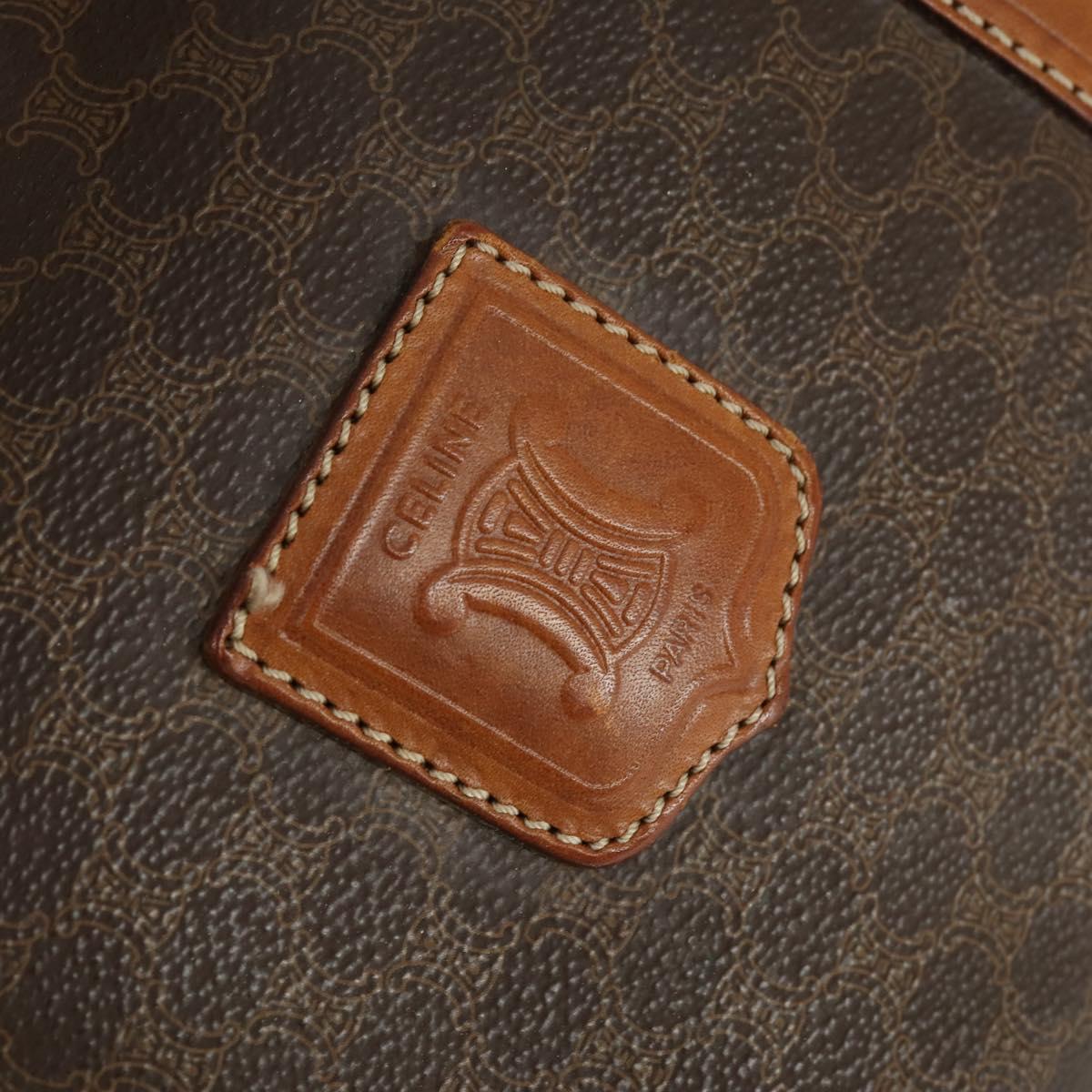 CELINE Macadam Canvas Boston Bag PVC Leather Brown Gold Auth ep12869