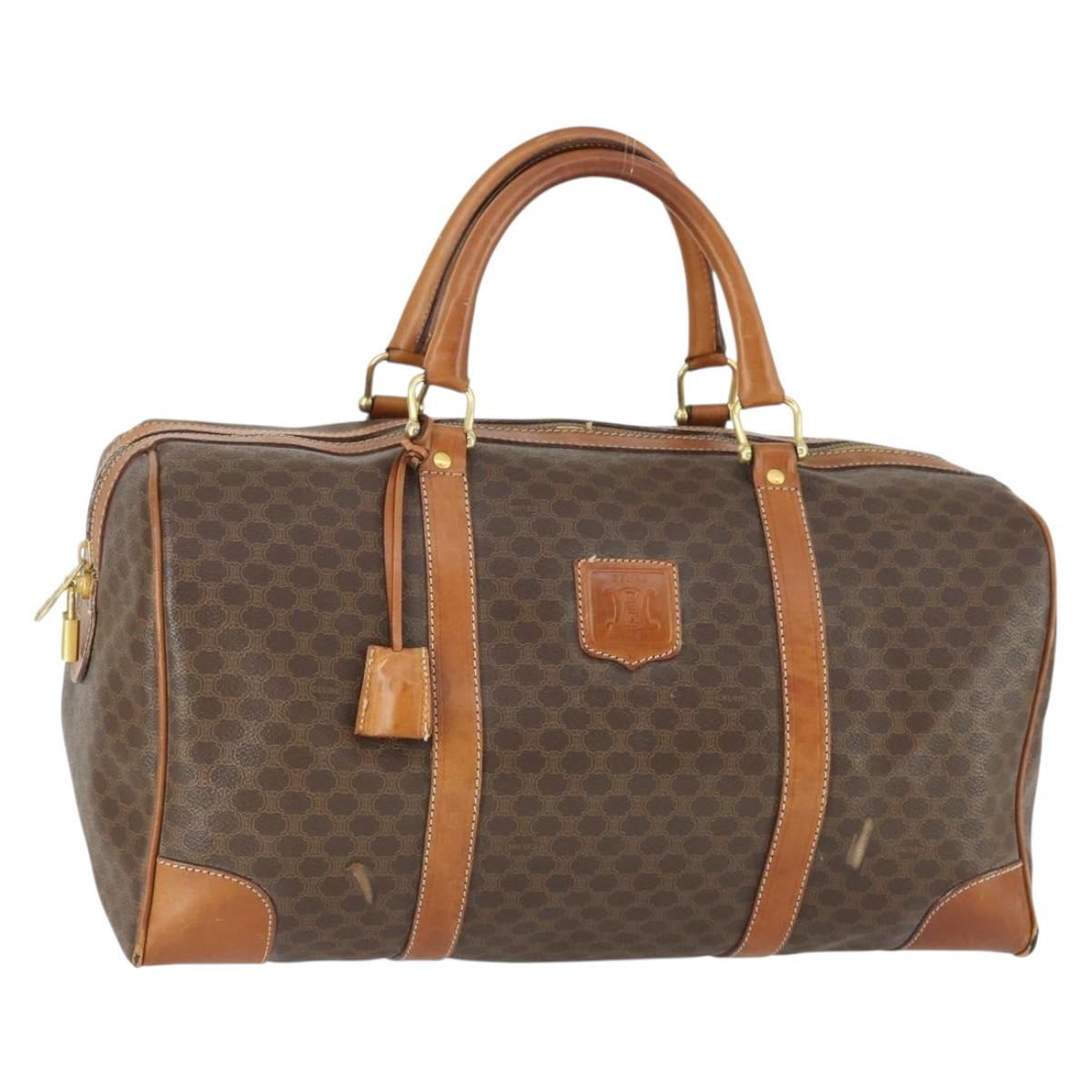 CELINE Macadam Canvas Boston Bag PVC Leather Brown Gold Auth ep12869