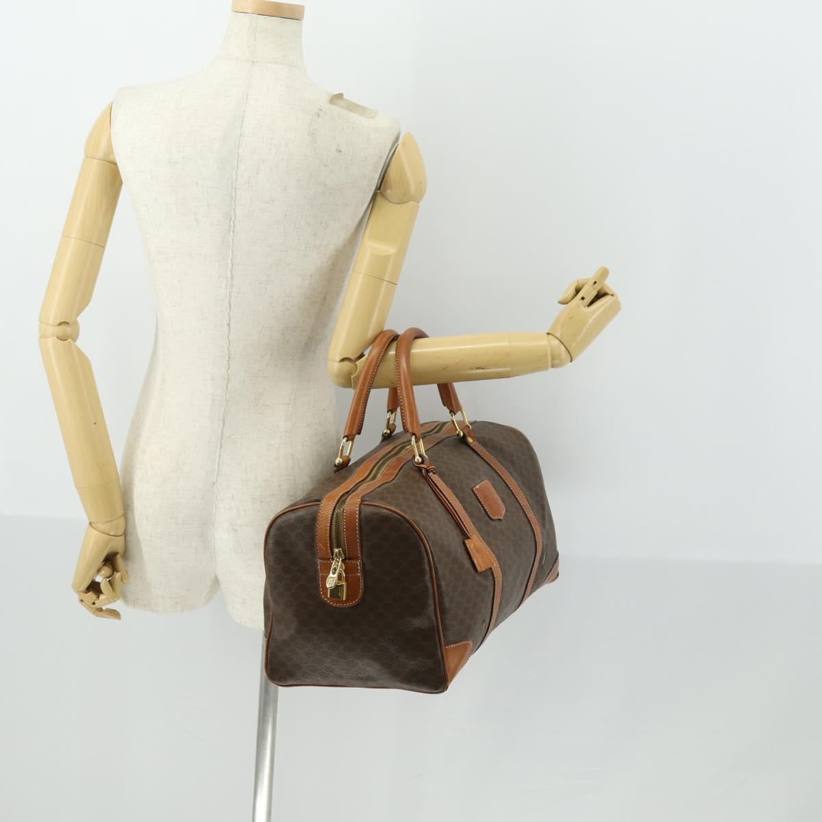 CELINE Macadam Canvas Boston Bag PVC Leather Brown Gold Auth ep12869