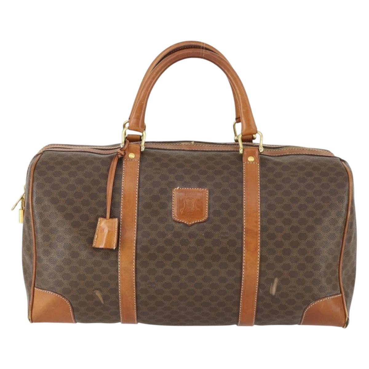 CELINE Macadam Canvas Boston Bag PVC Leather Brown Gold Auth ep12869