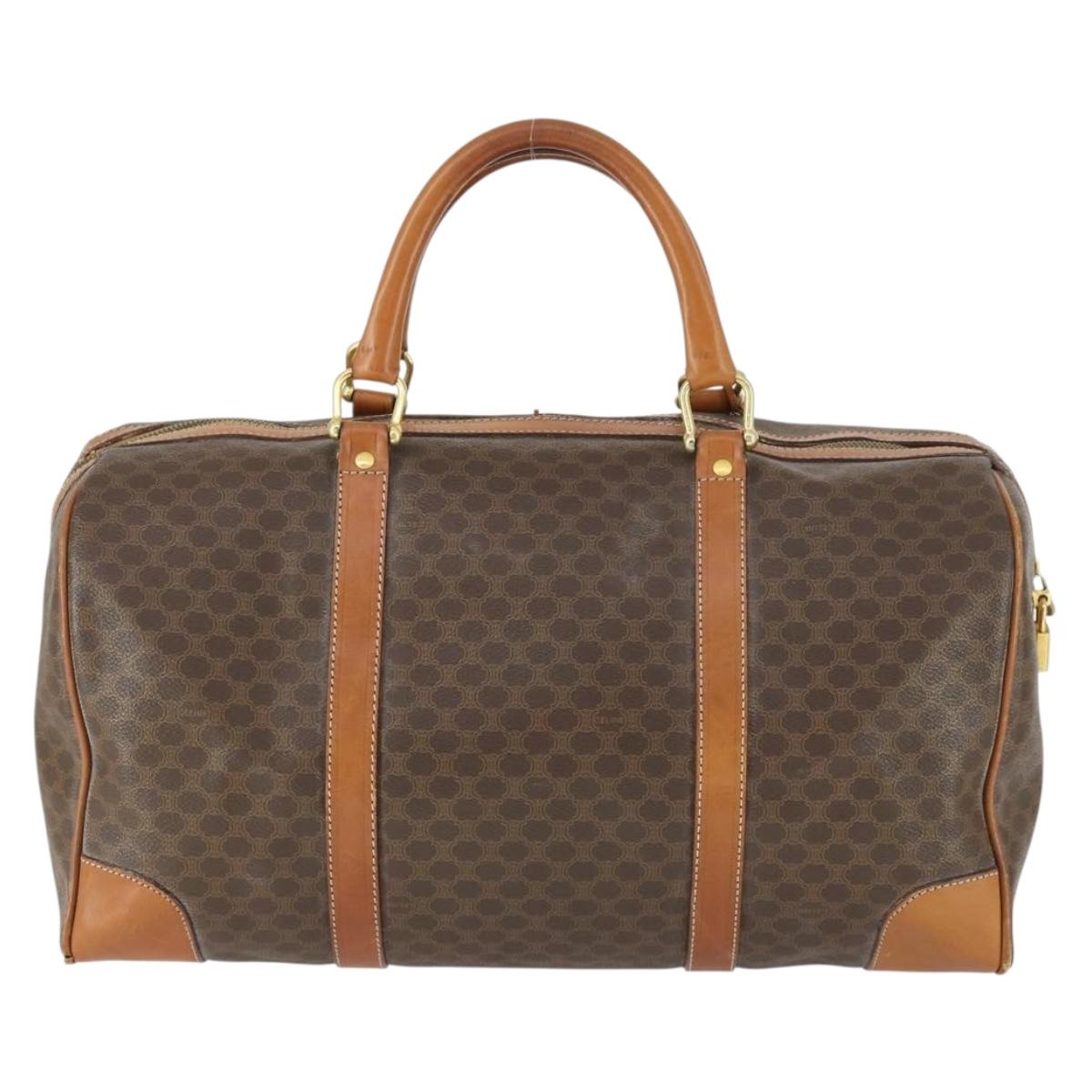 CELINE Macadam Canvas Boston Bag PVC Leather Brown Gold Auth ep12869