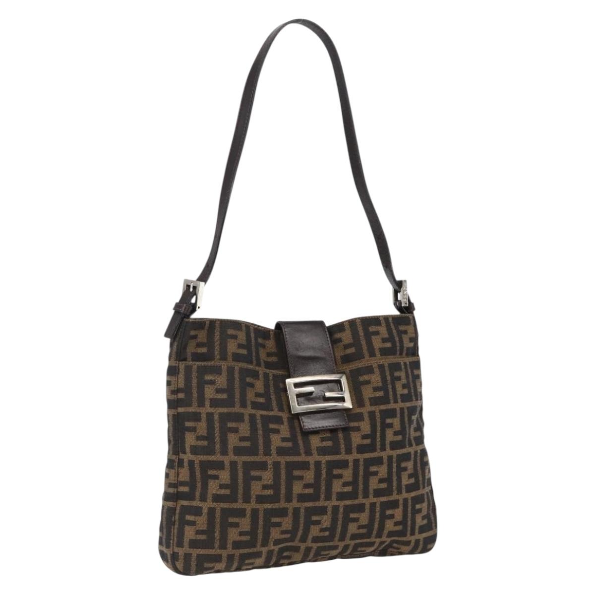 FENDI Zucca Canvas Shoulder Bag Black Brown Silver Auth ep12966V