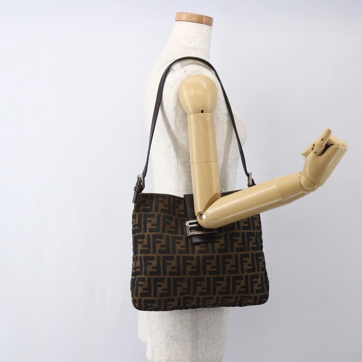 FENDI Zucca Canvas Shoulder Bag Black Brown Silver Auth ep12966V