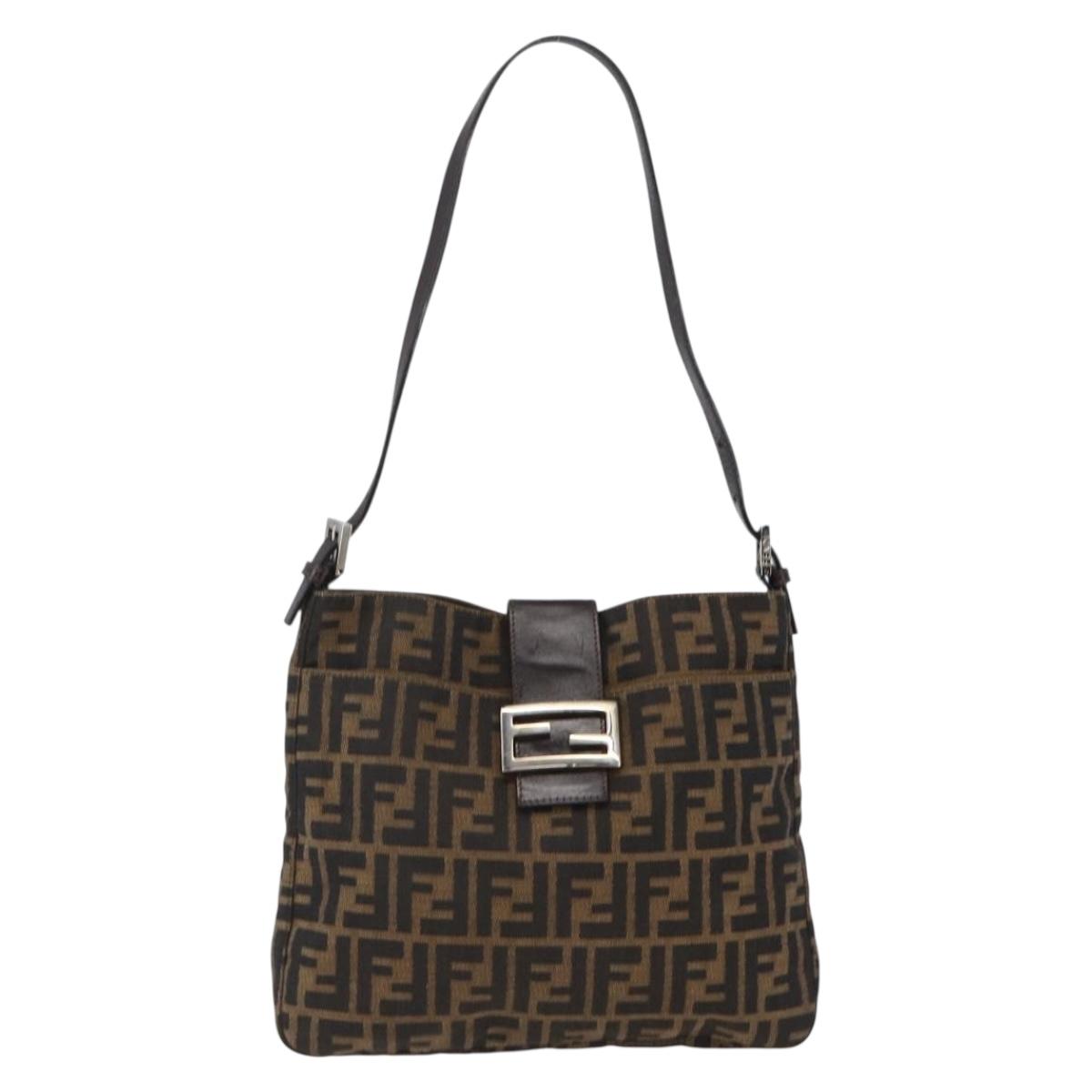 FENDI Zucca Canvas Shoulder Bag Black Brown Silver Auth ep12966V