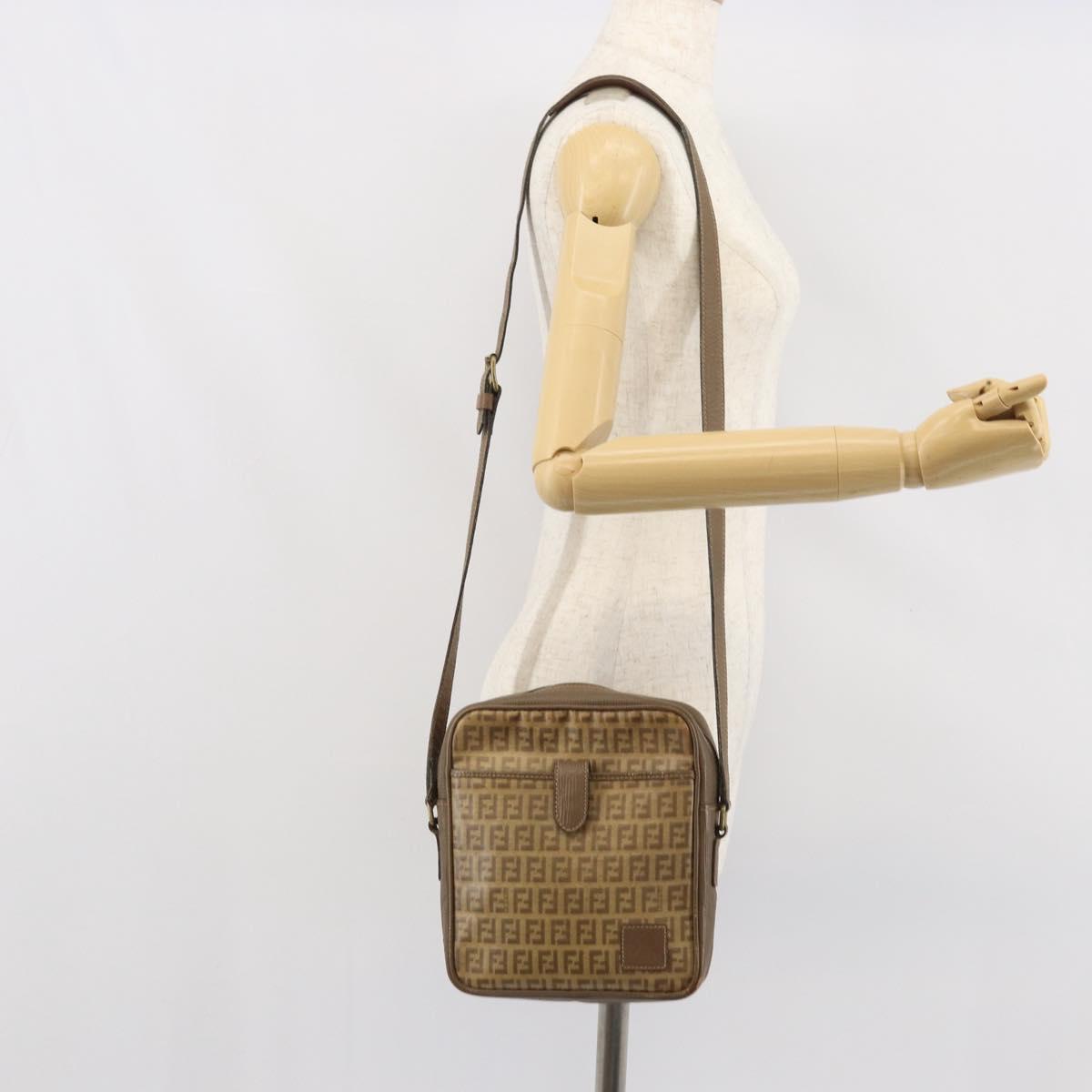FENDI Zucchino Canvas Shoulder Bag Coated Canvas Brown Auth ep12984