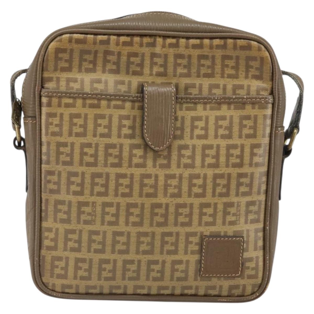 FENDI Zucchino Canvas Shoulder Bag Coated Canvas Brown Auth ep12984