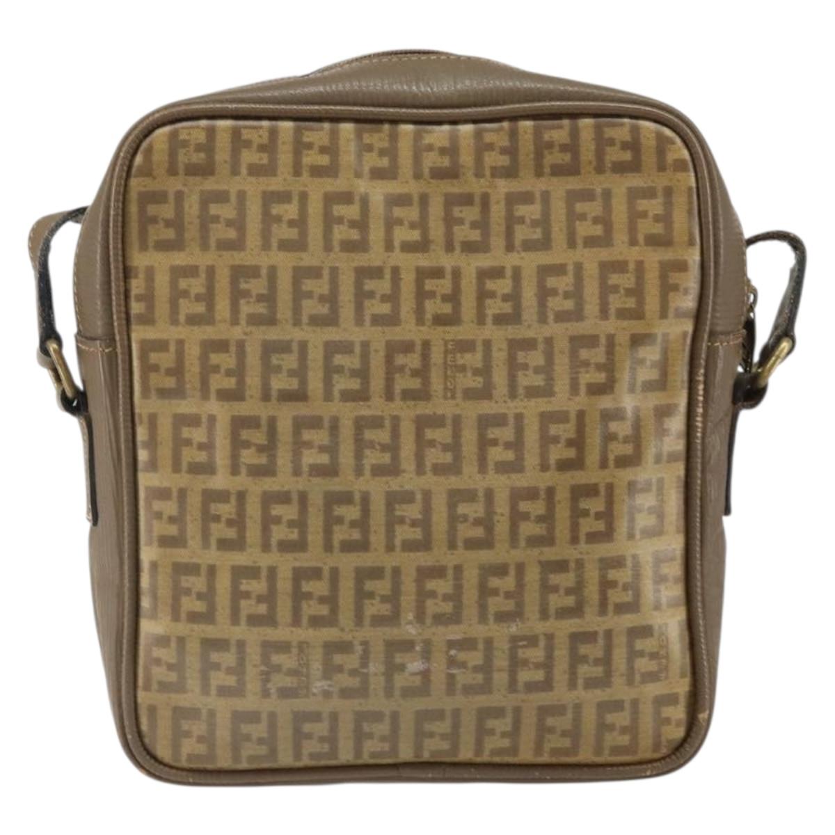 FENDI Zucchino Canvas Shoulder Bag Coated Canvas Brown Auth ep12984