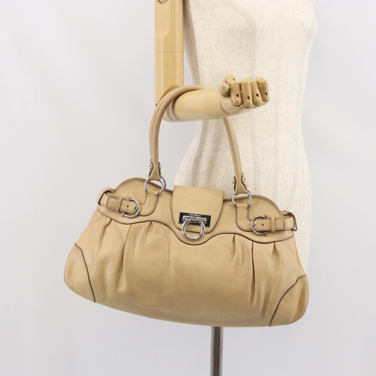 Salvatore Ferragamo Gancini Hand Bag Leather Beige Silver Auth ep12988