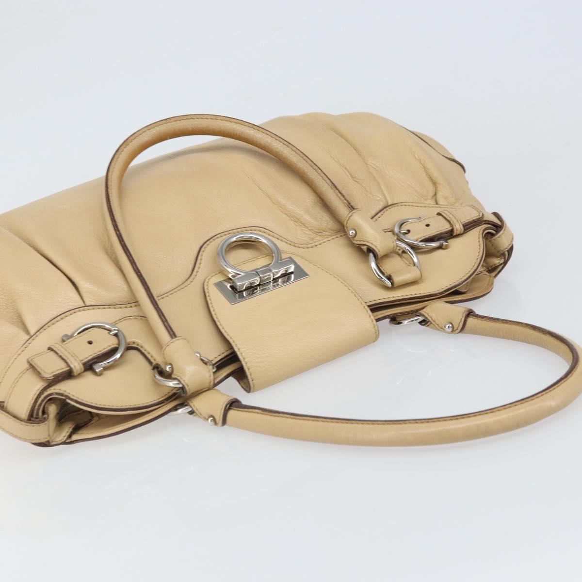Salvatore Ferragamo Gancini Hand Bag Leather Beige Silver Auth ep12988