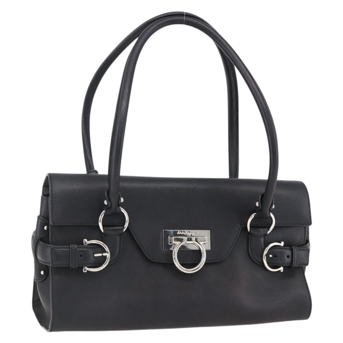 Salvatore Ferragamo Gancini Hand Bag Leather Black Silver Auth ep13022V