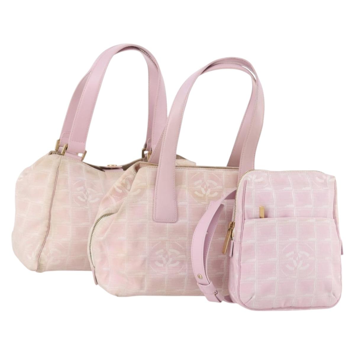 CHANEL New TravelLine Bag Nylon 3 Set Pink CC Auth ep13031