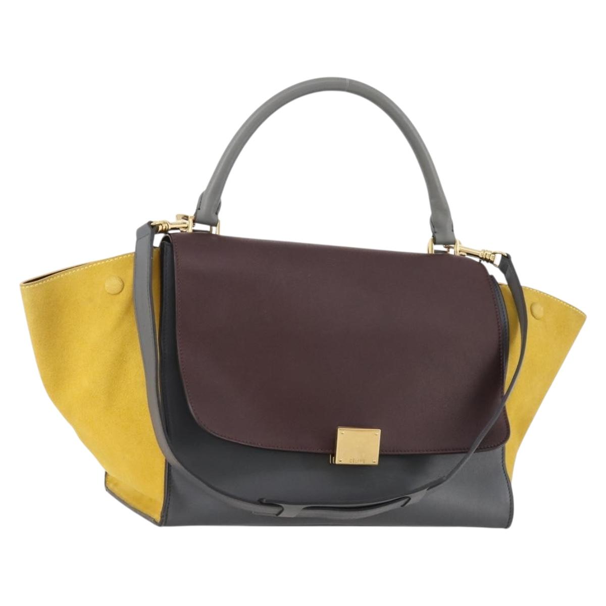 CELINE Trapeze Hand Bag Suede Leather 2way Gray Gold Auth ep13043