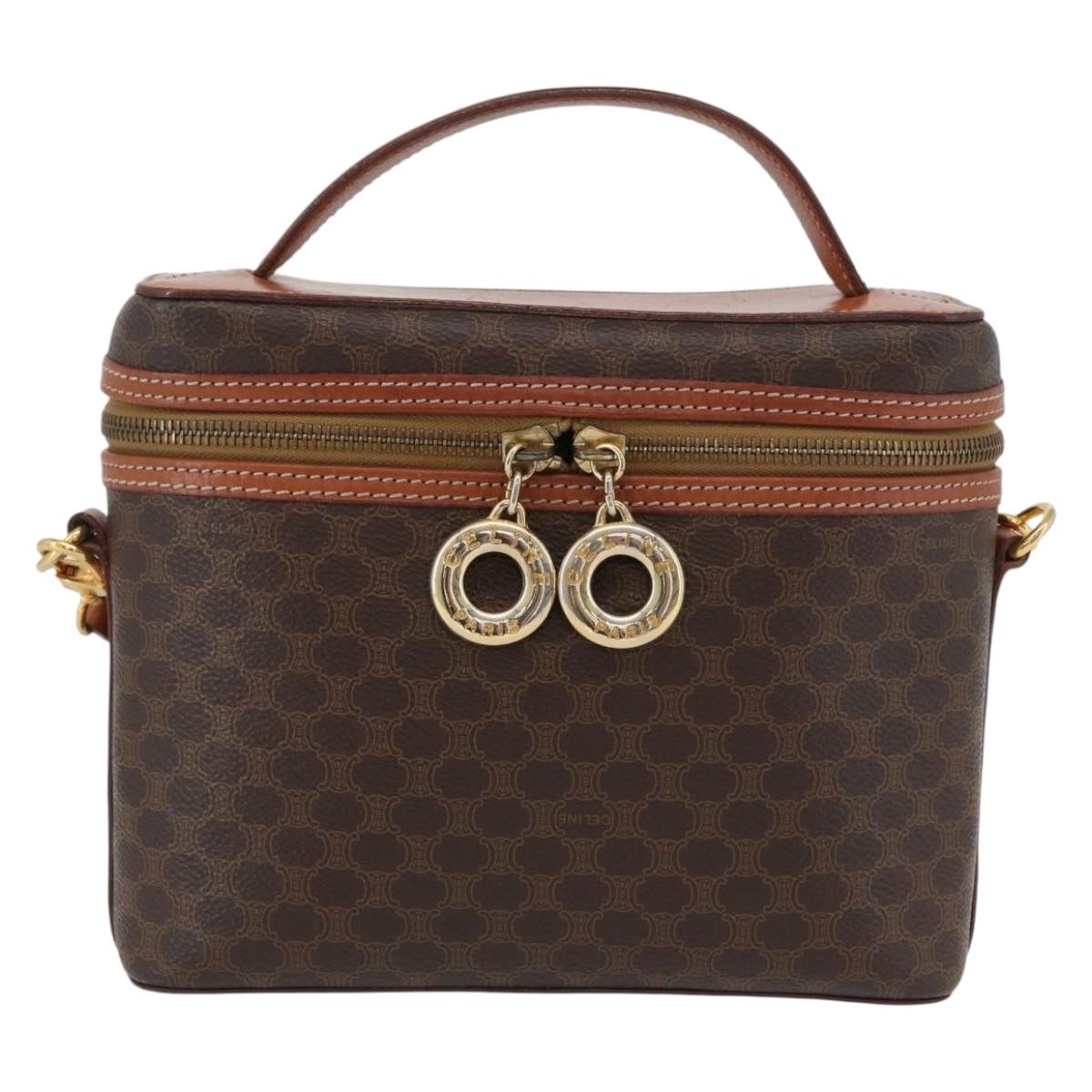 CELINE Macadam Canvas Circle Vanity Bag PVC Leather 2way Brown Gold Auth ep13087