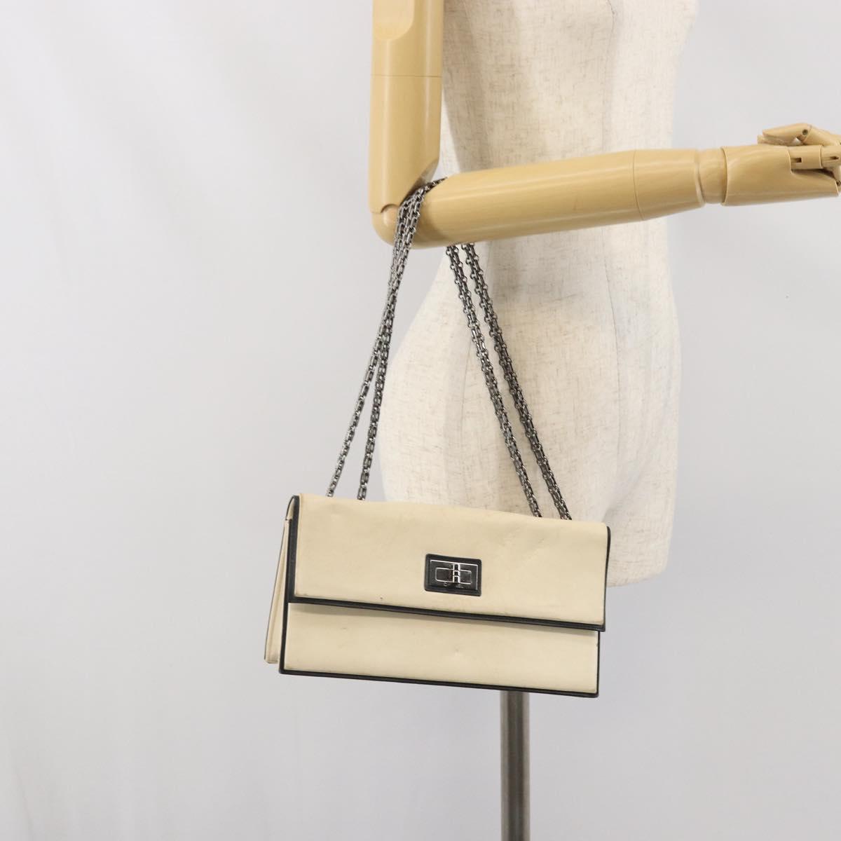 CHANEL 2.55 Chain Shoulder Bag Leather White Silver CC Auth ep13093