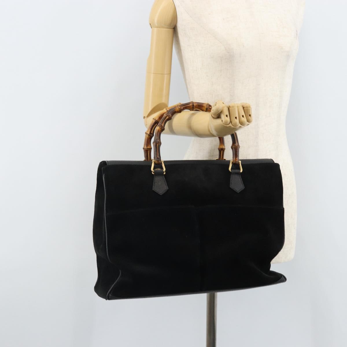 GUCCI Bamboo Tote Bag Suede Leather Black Gold 002 2855 0322 0 Auth ep13109
