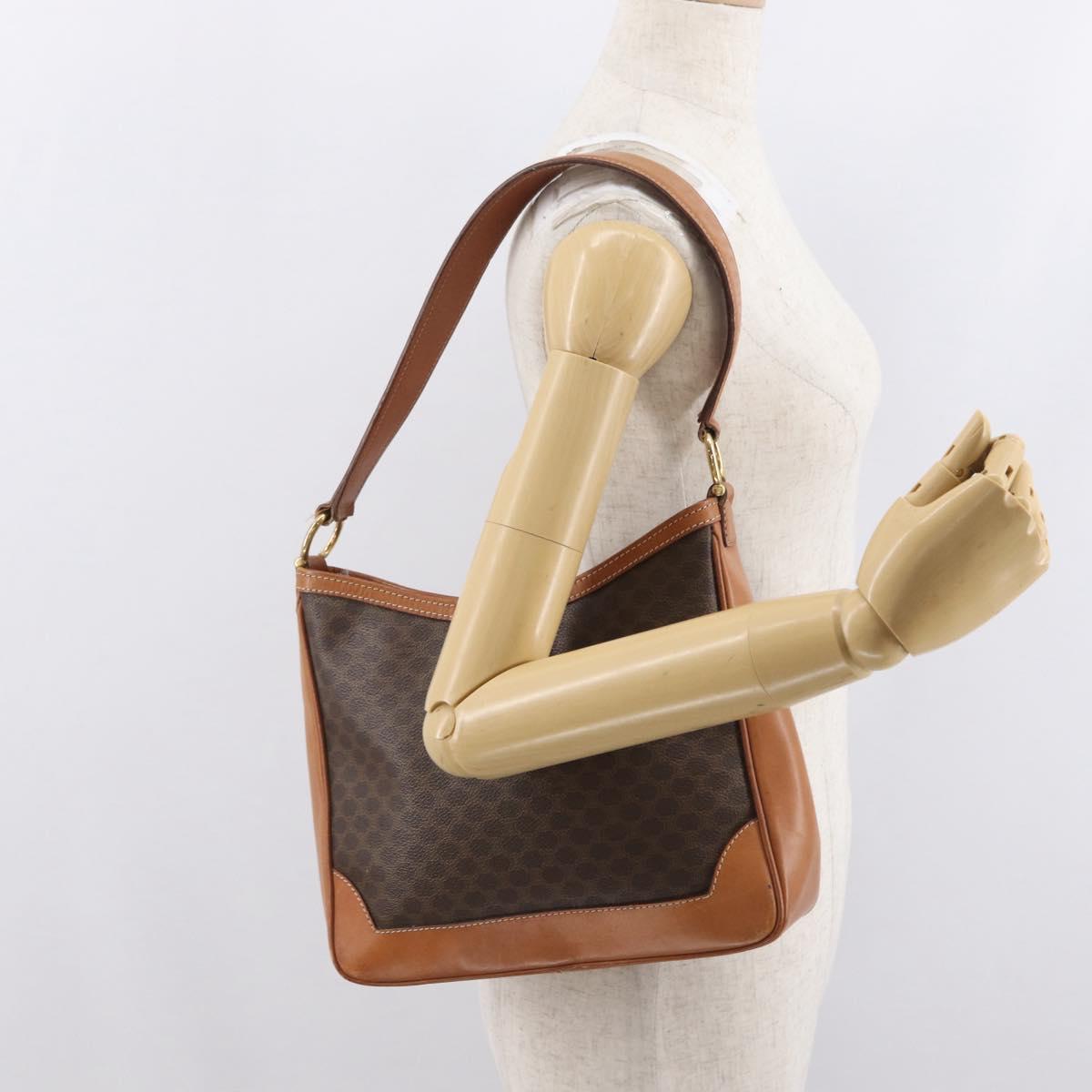 CELINE Macadam Canvas Shoulder Bag PVC Leather Brown Gold Auth ep13120