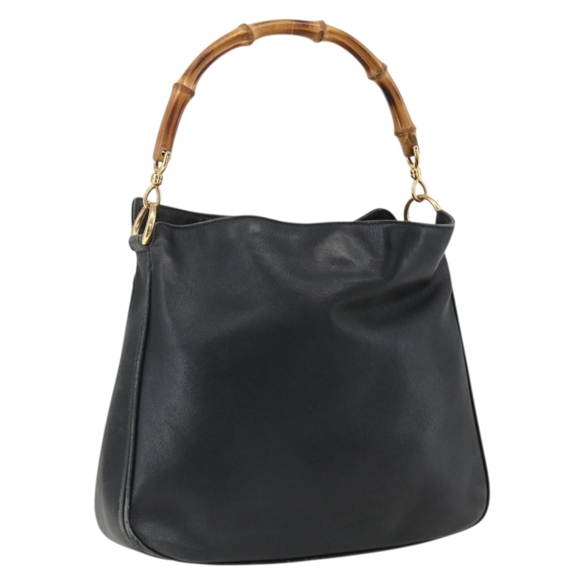 GUCCI Bamboo Hand Bag Leather Black Gold 001 1014 1638 Auth ep13124