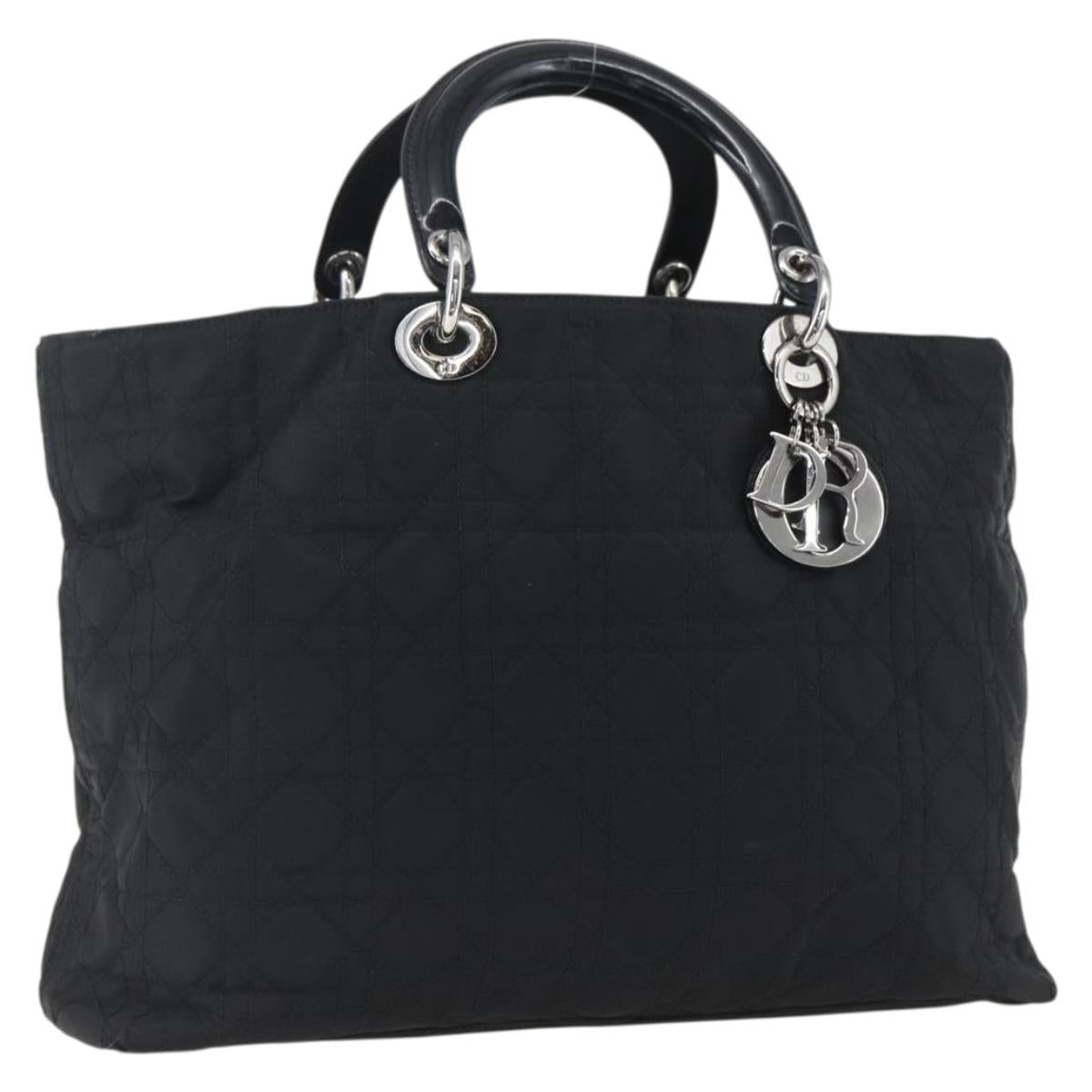Christian Dior Lady Dior Hand Bag Nylon Black Silver Auth ep13131