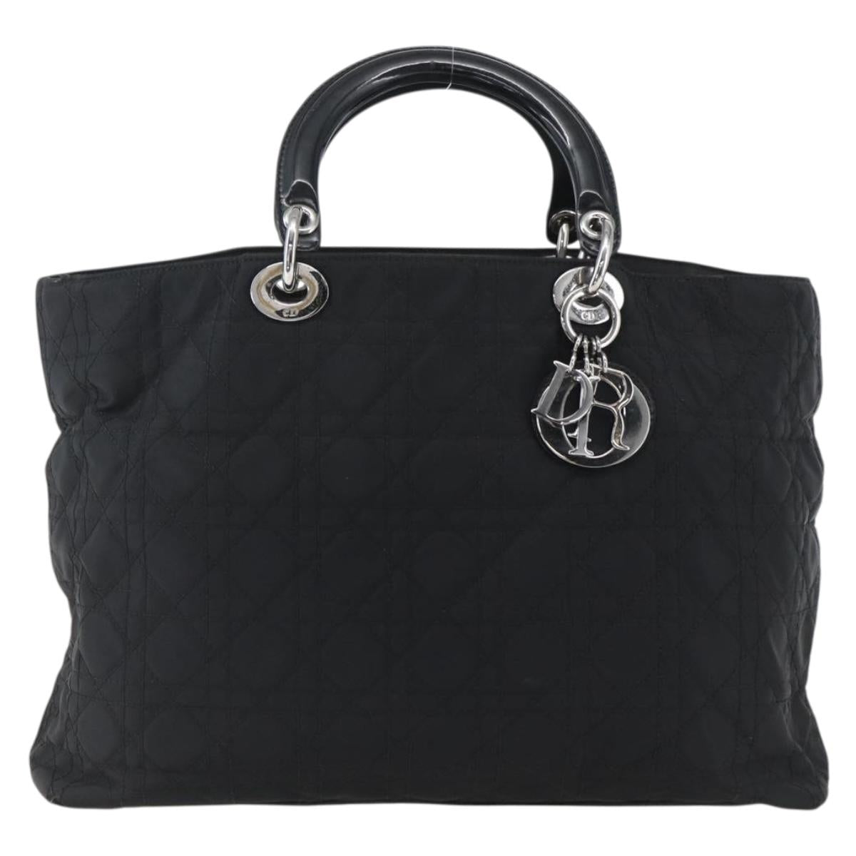 Christian Dior Lady Dior Hand Bag Nylon Black Silver Auth ep13131