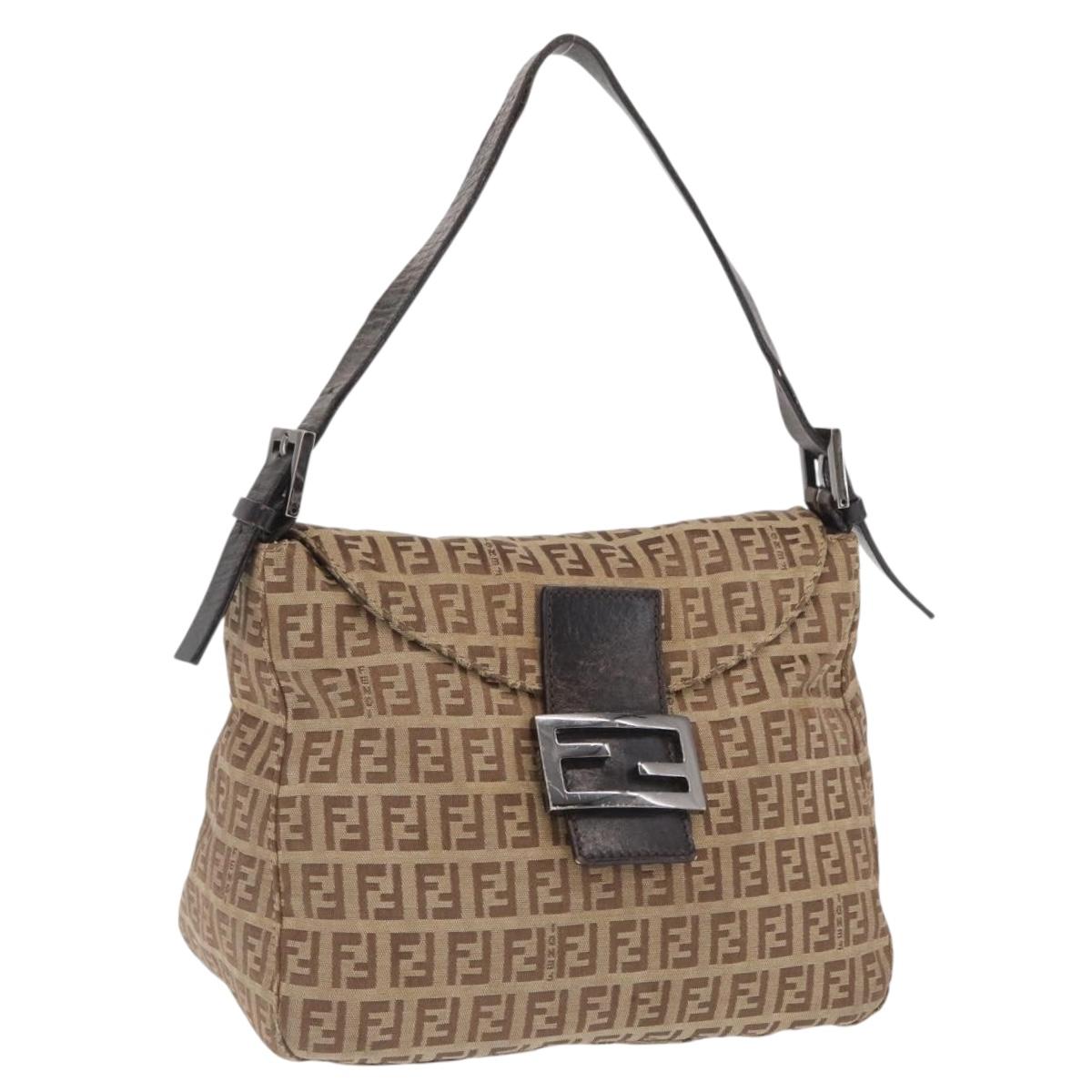 FENDI Zucchino Canvas Hand Bag Beige Silver Auth ep13135