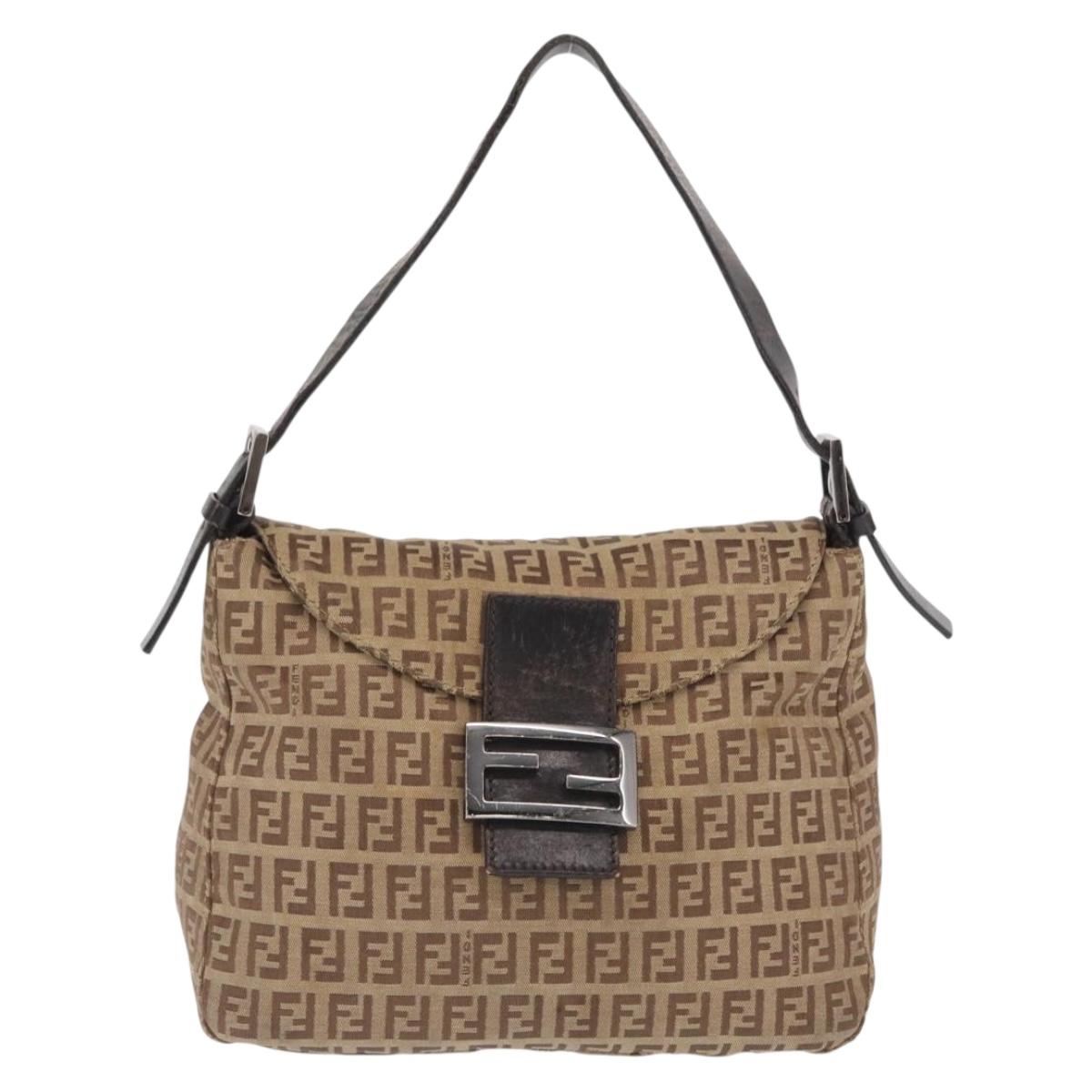 FENDI Zucchino Canvas Hand Bag Beige Silver Auth ep13135