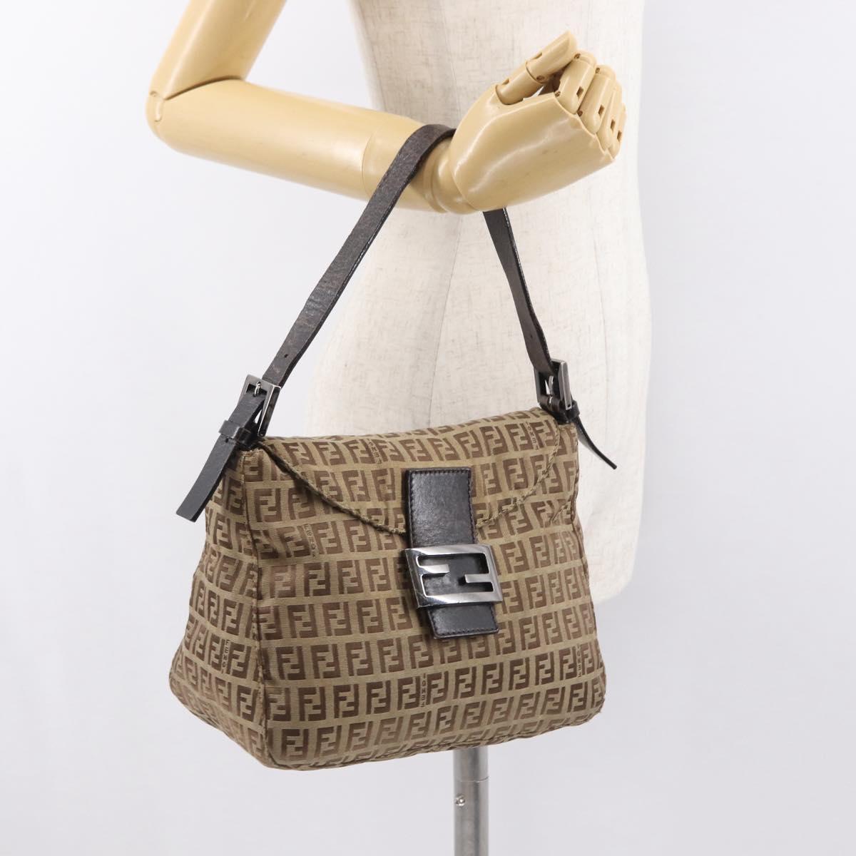 FENDI Zucchino Canvas Hand Bag Beige Silver Auth ep13135