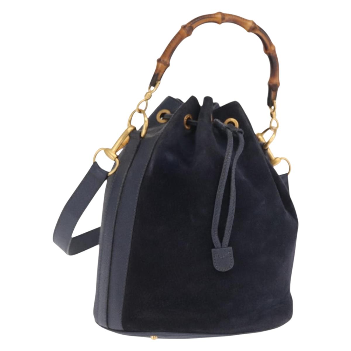 GUCCI Bamboo Hand Bag Leather 2way Navy Gold 001 2040 1657 Auth ep13138