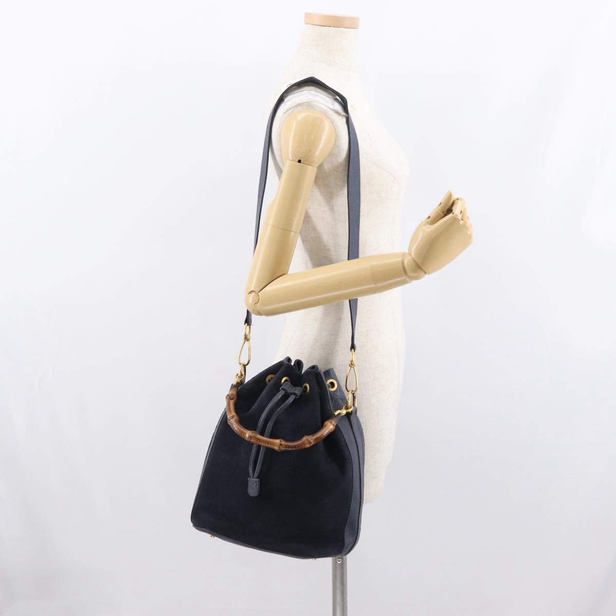 GUCCI Bamboo Hand Bag Leather 2way Navy Gold 001 2040 1657 Auth ep13138