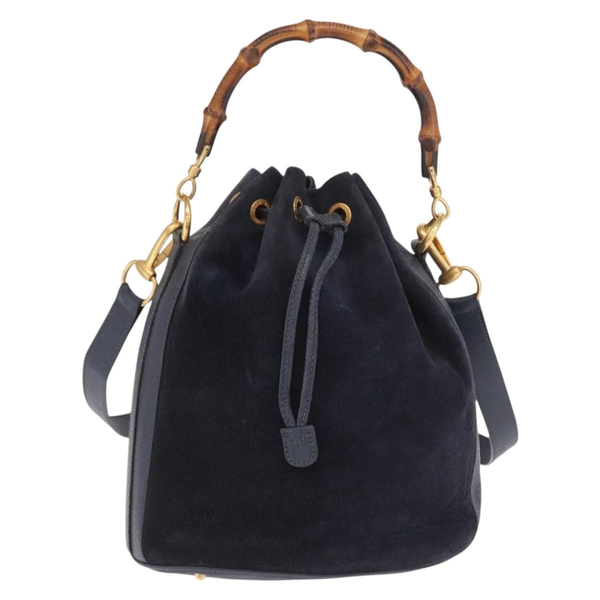GUCCI Bamboo Hand Bag Leather 2way Navy Gold 001 2040 1657 Auth ep13138