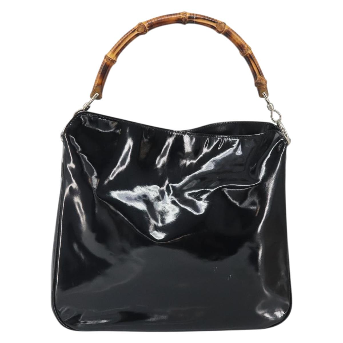 GUCCI Bamboo Hand Bag Patent leather Black Silver 001 2113 Auth ep13142