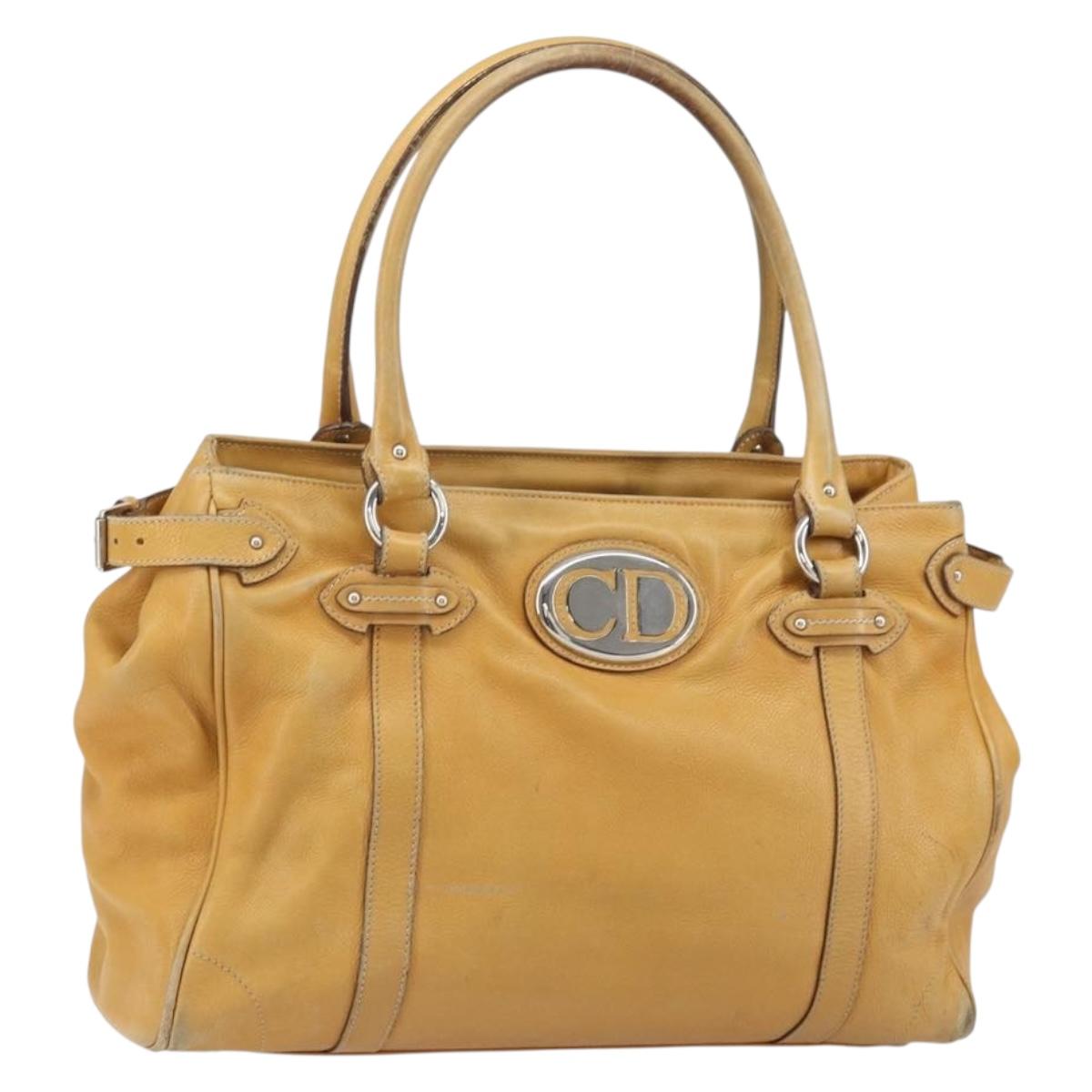 Christian Dior Hand Bag Leather Beige Silver Auth ep13147