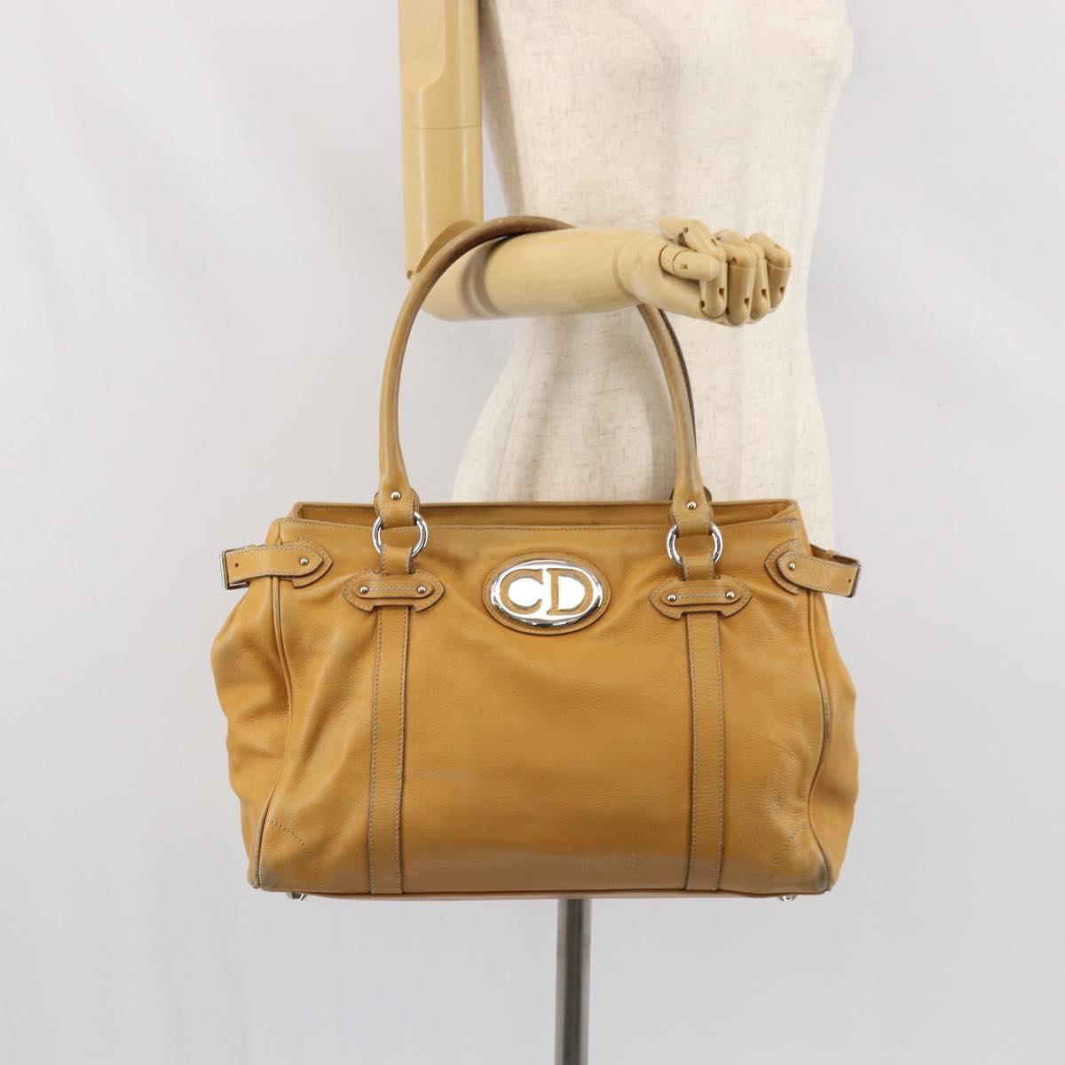 Christian Dior Hand Bag Leather Beige Silver Auth ep13147