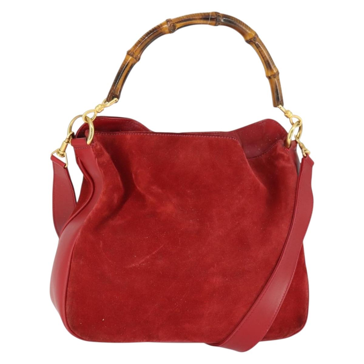 GUCCI Bamboo Hand Bag Suede 2way Red Gold Auth ep13161