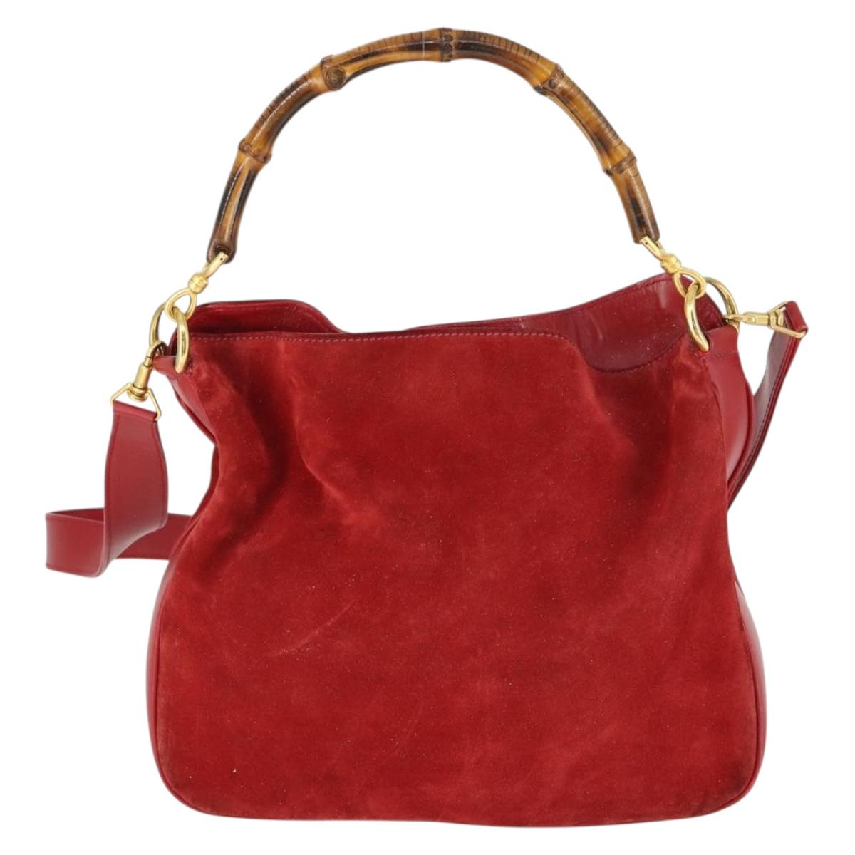 GUCCI Bamboo Hand Bag Suede 2way Red Gold Auth ep13161