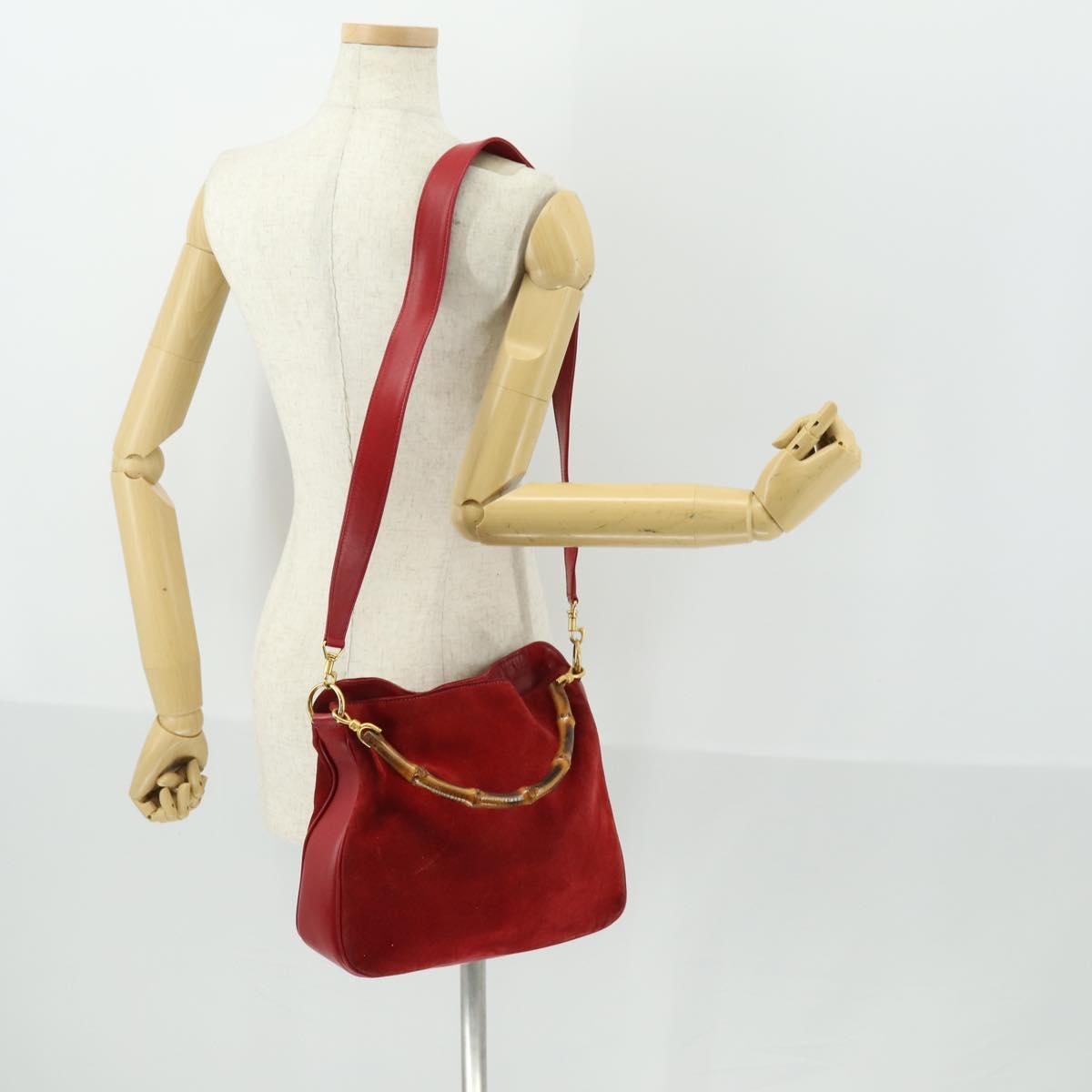 GUCCI Bamboo Hand Bag Suede 2way Red Gold Auth ep13161