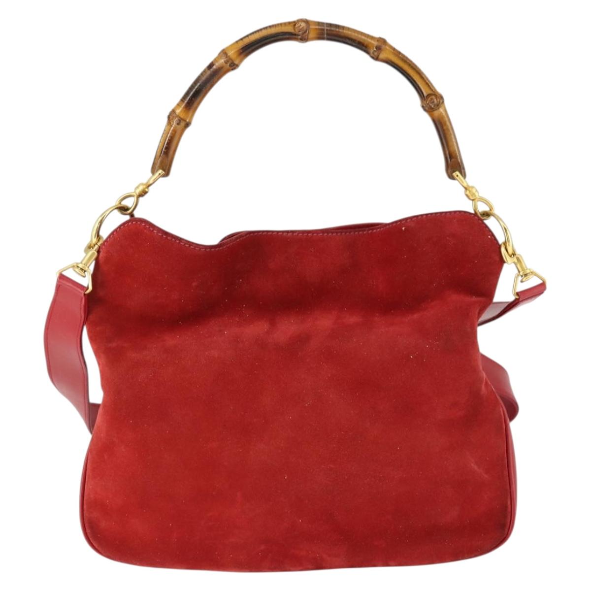 GUCCI Bamboo Hand Bag Suede 2way Red Gold Auth ep13161