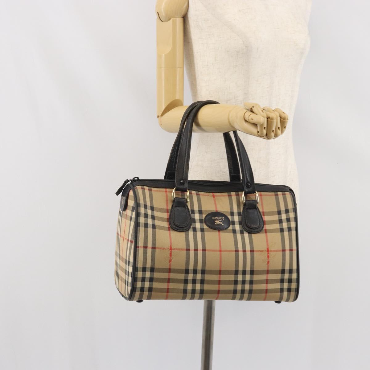 Burberrys Nova Check Hand Bag Canvas Beige Gold Auth ep13191