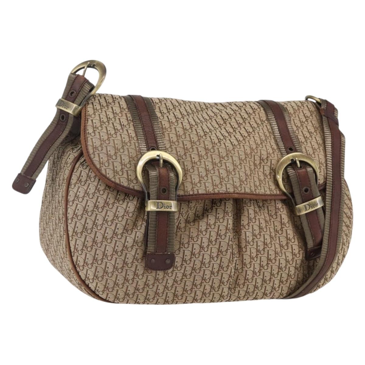 Christian Dior Trotter Canvas Shoulder Bag Beige Gold Auth ep13208