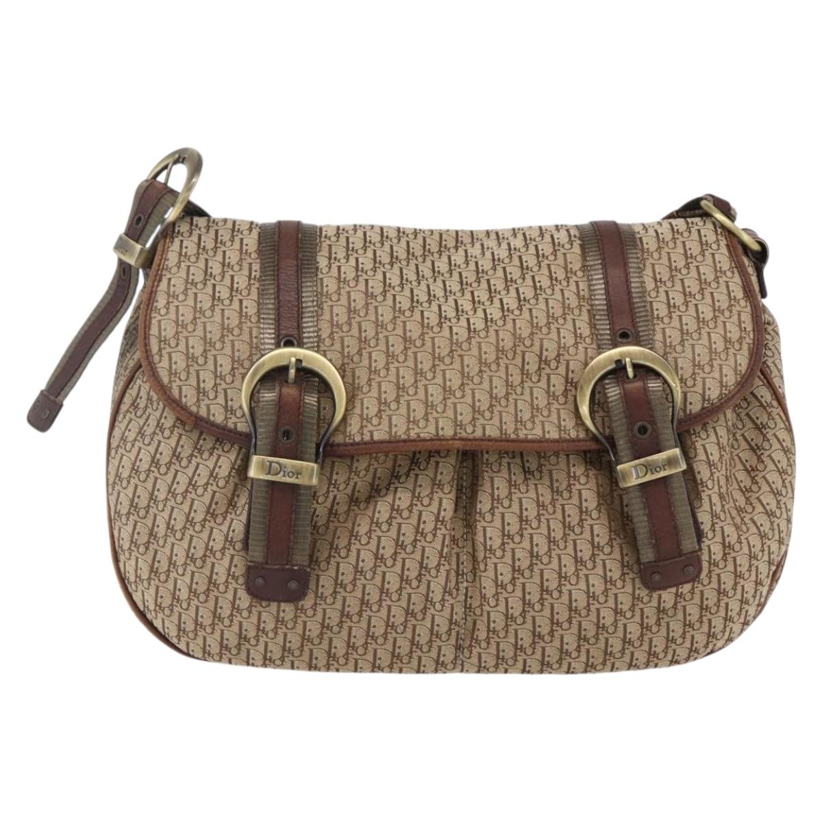 Christian Dior Trotter Canvas Shoulder Bag Beige Gold Auth ep13208