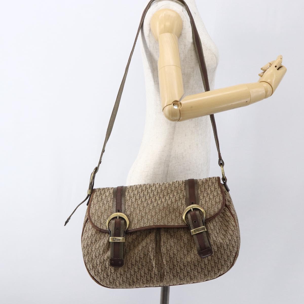 Christian Dior Trotter Canvas Shoulder Bag Beige Gold Auth ep13208