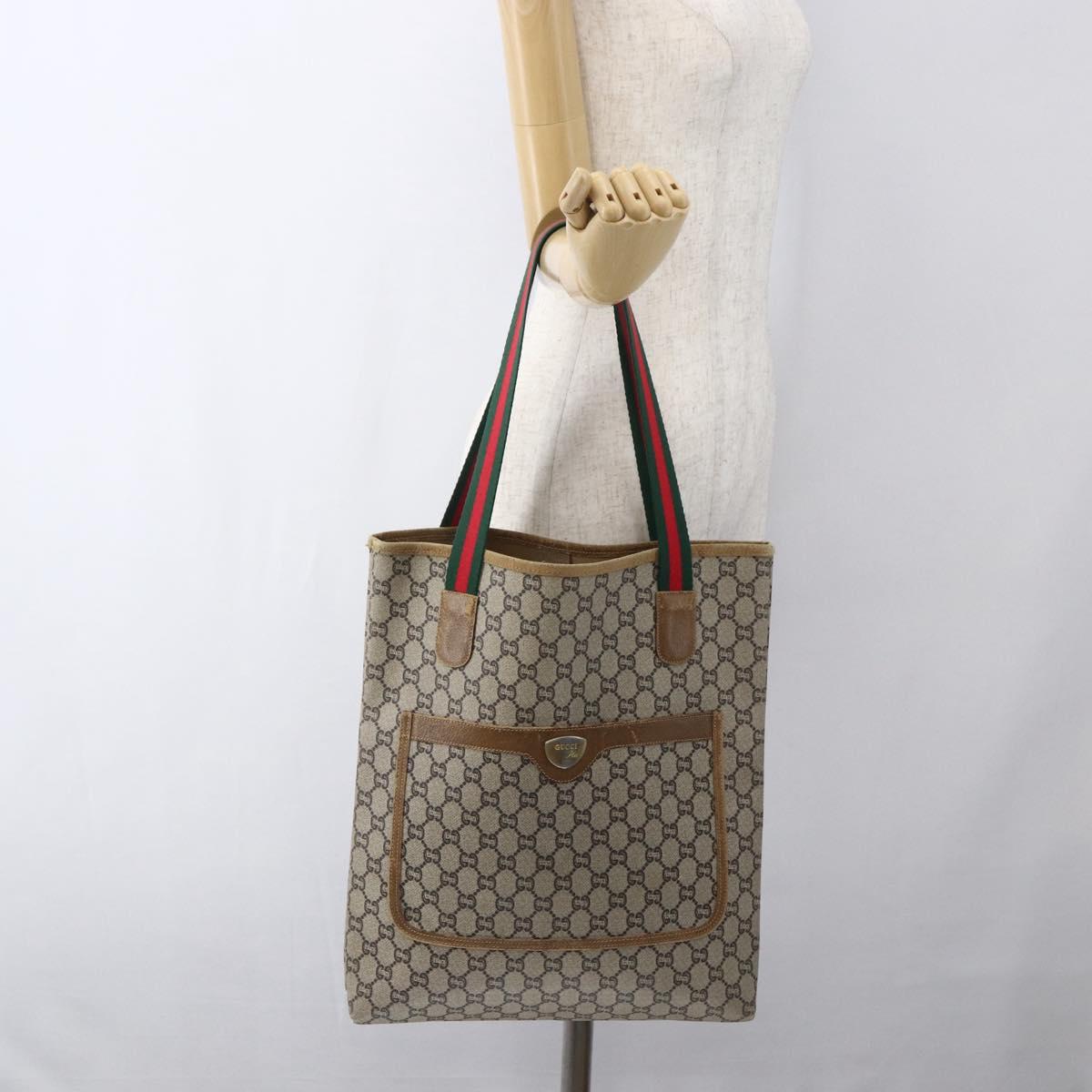GUCCI GG Plus Supreme Web Sherry Line Tote Bag PVC Beige Gold Auth ep13260